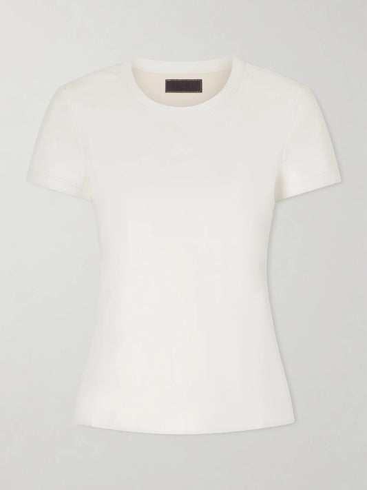 Image of a model wearing Tops. Product name - Leather T-shirt in White colour by brand - STOULS
