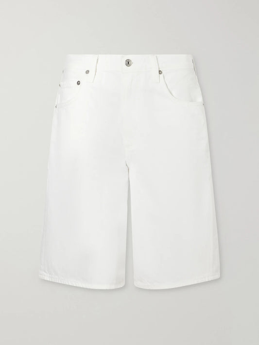 Image of a model wearing Shorts. Product name - Court Denim Straight-leg Shorts in White colour by brand - Citizens of Humanity