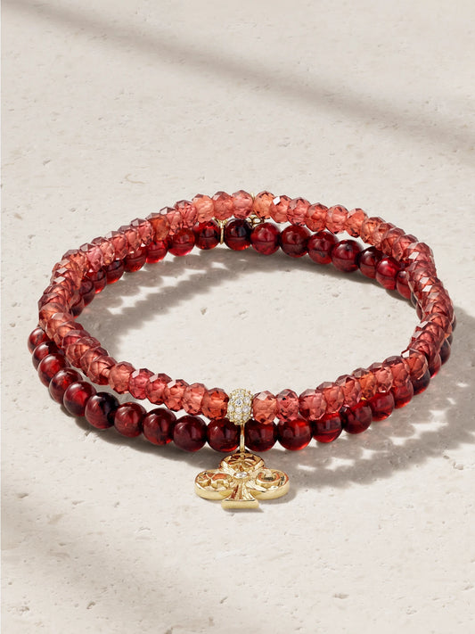 Set Of Two 14-karat Gold, Garnet And Diamond Bracelets