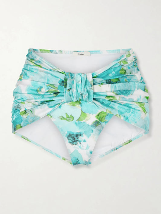 Image of Swimwear. Product name - Ruched Floral-print Bikini Briefs in Blue colour by brand - Chloé
