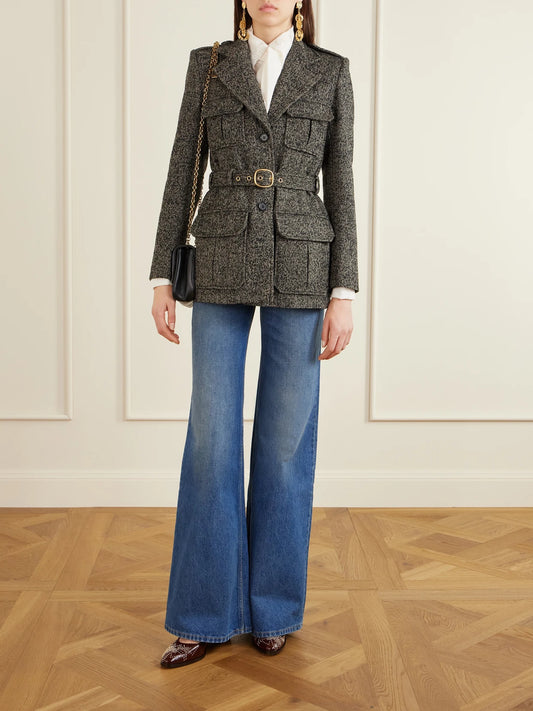 Image of Coats & Jackets. Product name - Belted Herringbone Wool-blend Jacket in Brown colour by brand - Chloé