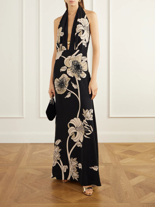 Image of Dresses. Product name - Embellished Floral-print Silk-charmeuse Halterneck Maxi Dress in Black colour by brand - Johanna Ortiz