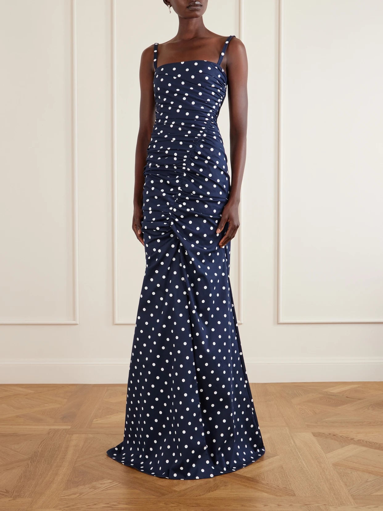 Image of Dresses. Product name - Gathered Polka-dot Cotton-blend Twill Gown in Navy colour by brand - Carolina Herrera