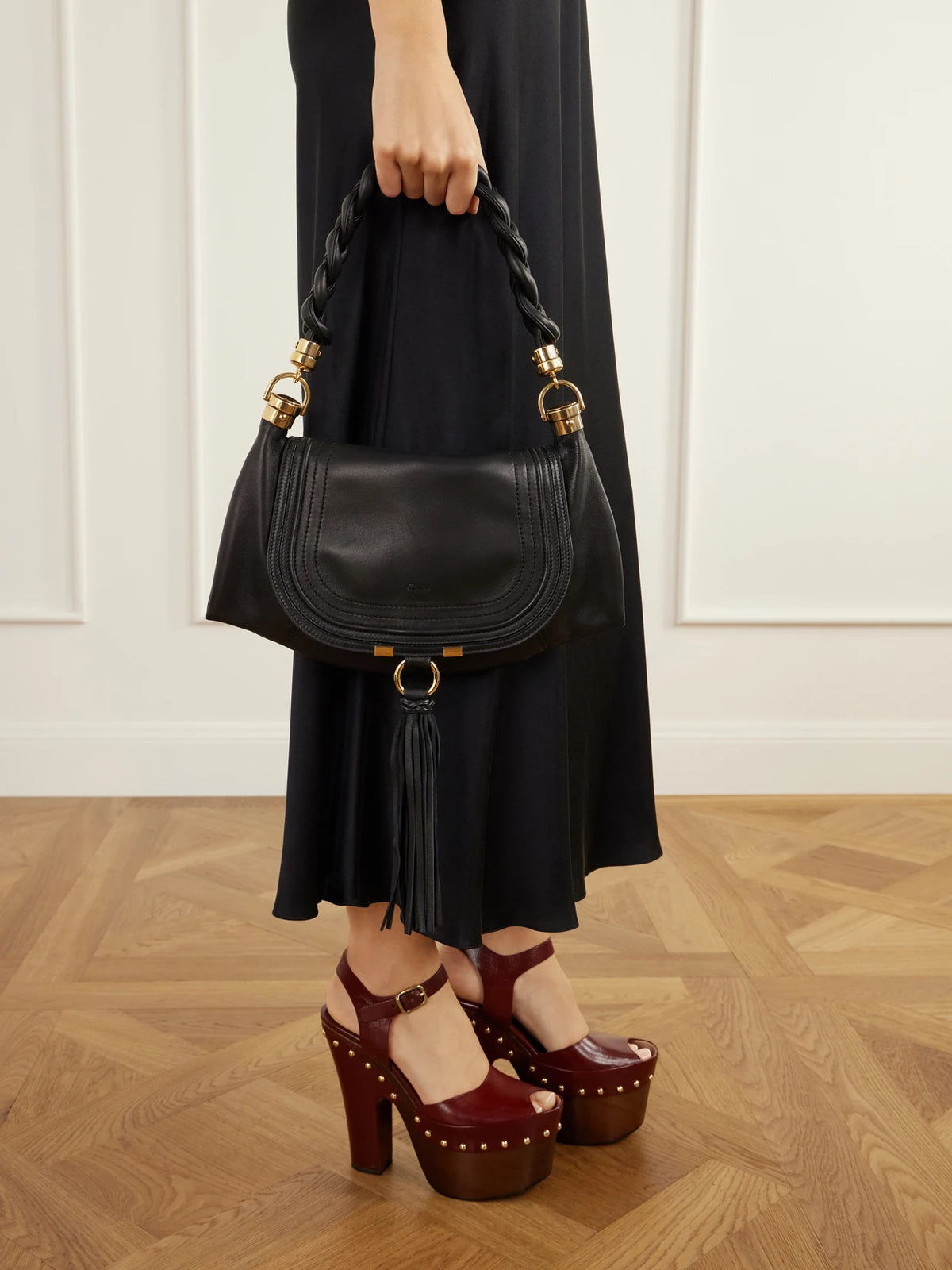 Image of Bags. Product name - Marcie Foulard Fringe-trimmed Full-grain Leather Shoulder Bag in Black colour by brand - Chloé