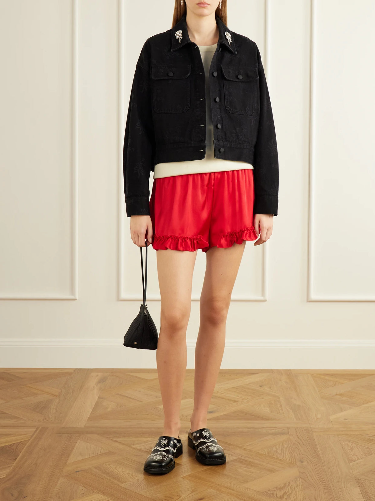 Image of Coats & Jackets. Product name - Crystal-embellished Floral-print Denim Jacket in Black colour by brand - Simone Rocha