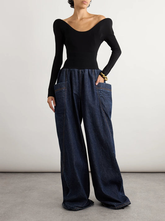 Image of Jeans. Product name - Jersey-trimmed High-rise Wide-leg Jeans in Dark denim colour by brand - Alaïa