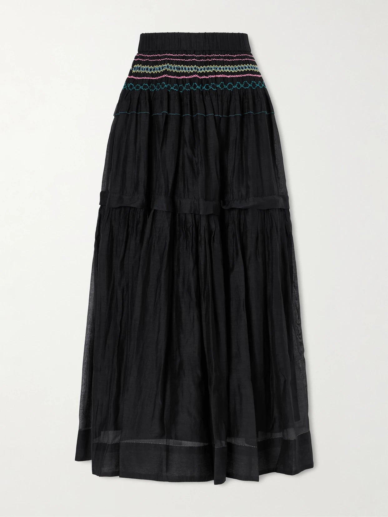 Munro Gathered Tiered Smocked Cotton And Silk-blend Voile Midi Skirt