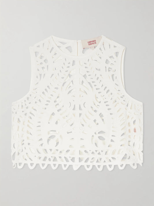 Image of a model wearing Tops. Product name - Ada Brisé Cropped Embroidered Cotton Top in White colour by brand - Emporio Sirenuse