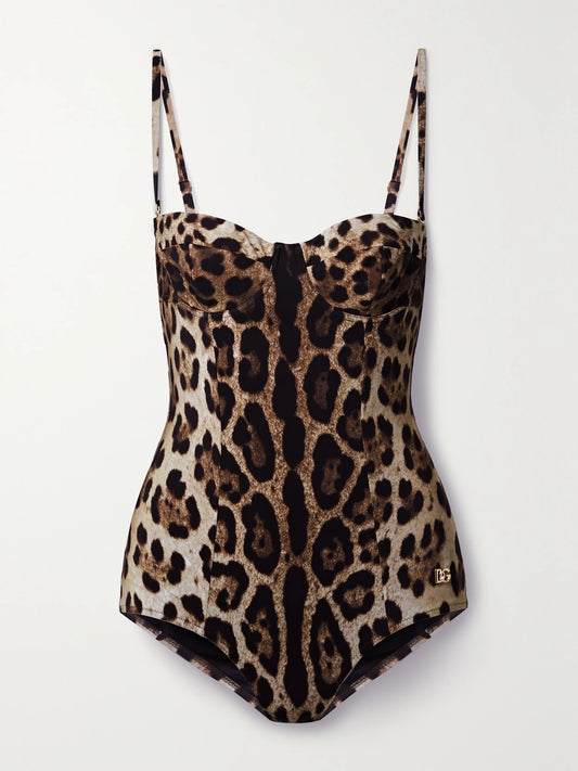 Image of Swimwear. Product name - Cutout Leopard-print Underwired Swimsuit in Leopard print colour by brand - Dolce & Gabbana