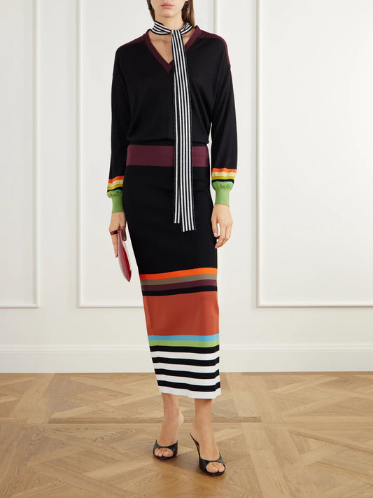 Image of a model wearing Skirts. Product name - Striped Stretch-jersey Midi Skirt in Multi colour by brand - Christopher John Rogers