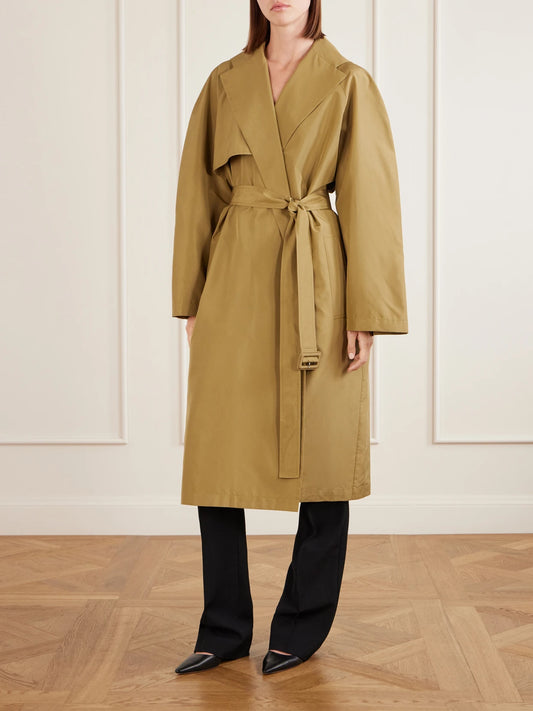 Image of Coats & Jackets. Product name - Amapola Belted Silk-faille Long Coat in Army green colour by brand - The Row