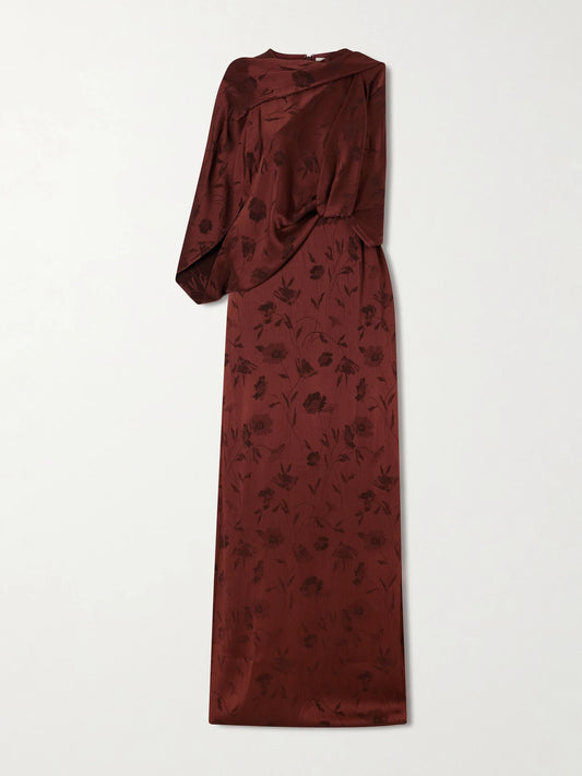 Image of Dresses. Product name - Draped Floral-jacquard Crepon Gown in Burgundy colour by brand - Erdem