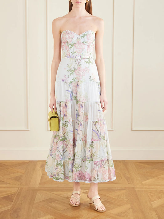 Image of Dresses. Product name - Danny Belted Floral-print Cotton-blend Voile Midi Dress in Blue colour by brand - Charo Ruiz