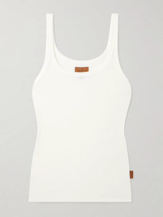 Image of a model wearing Tops. Product name - The Undershirt Ribbed Stretch-modal Tank in White colour by brand - Jamie Haller