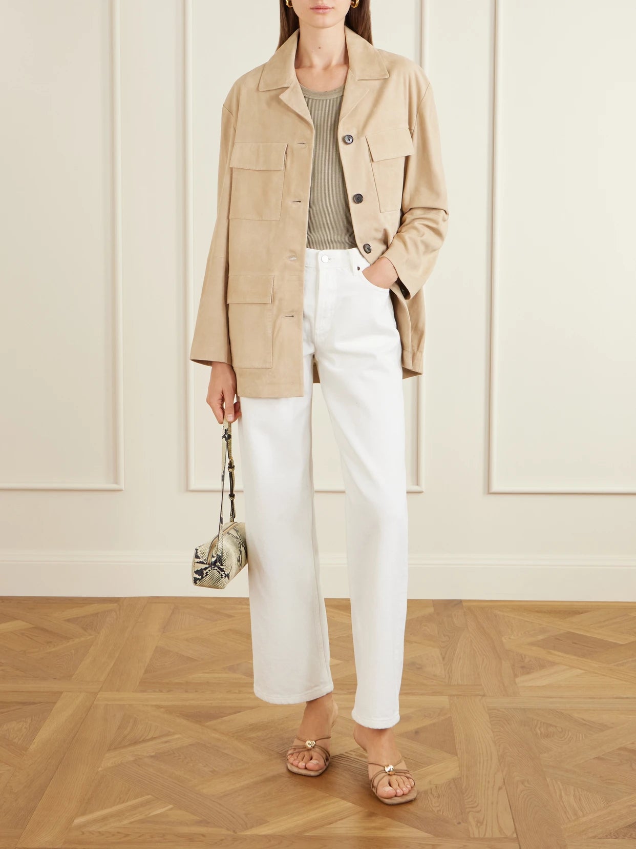 Image of Coats & Jackets. Product name - Sendy Suede Jacket in Beige colour by brand - ARMA