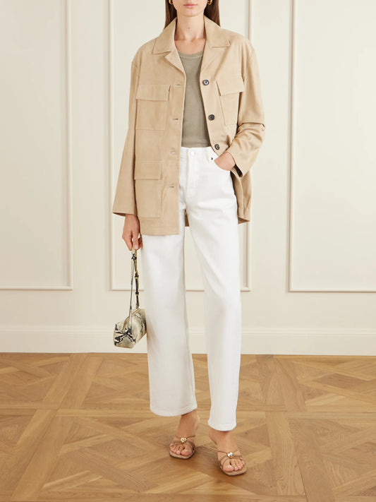 Image of Coats & Jackets. Product name - Sendy Suede Jacket in Beige colour by brand - ARMA