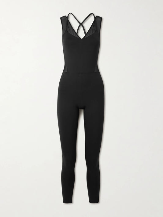 Image of Bodysuits. Product name - Devi Tulle-trimmed Stretch-jersey Jumpsuit in Black colour by brand - Eres