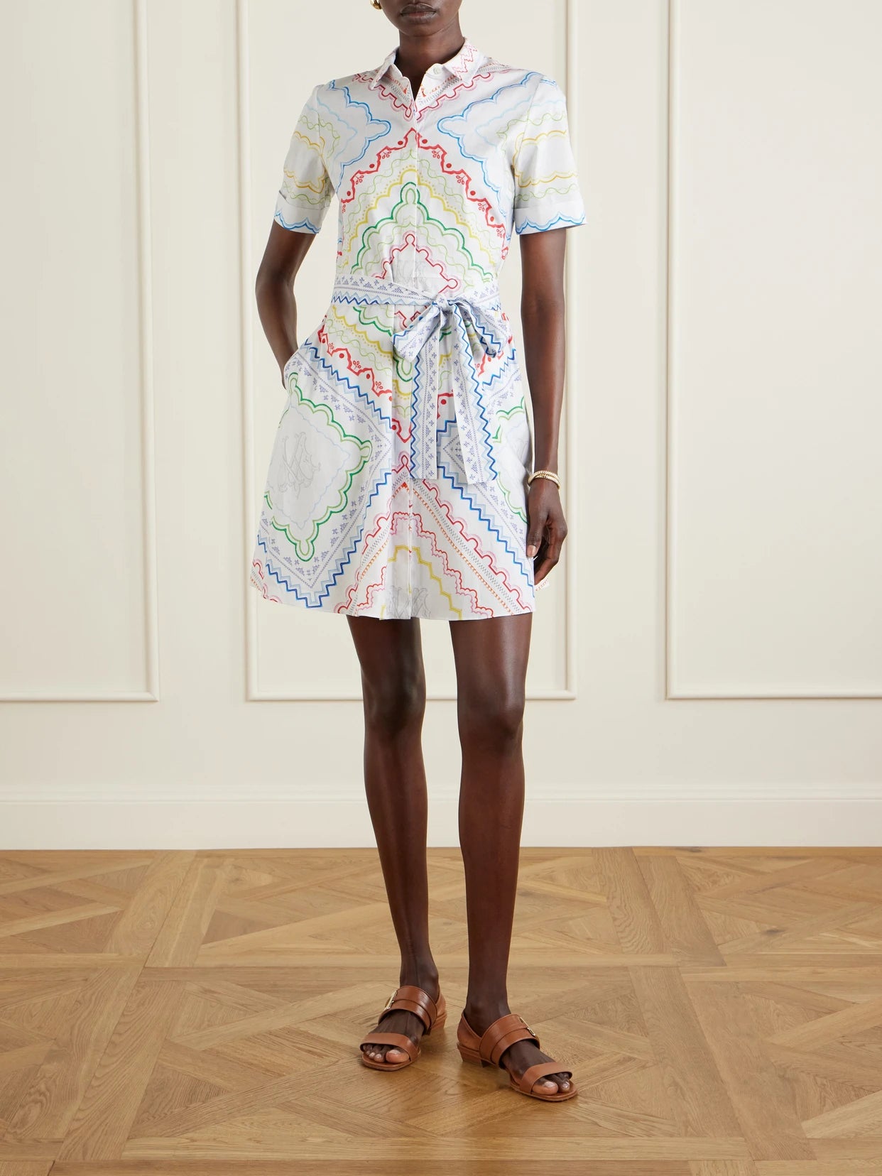 Image of Dresses. Product name - Belted Printed Cotton-blend Midi Dress in Multi colour by brand - Mary Katrantzou