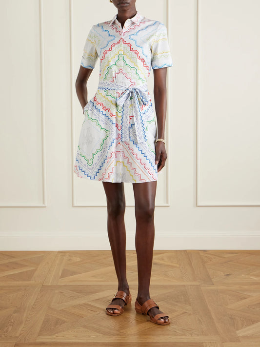 Image of Dresses. Product name - Belted Printed Cotton-blend Midi Dress in Multi colour by brand - Mary Katrantzou
