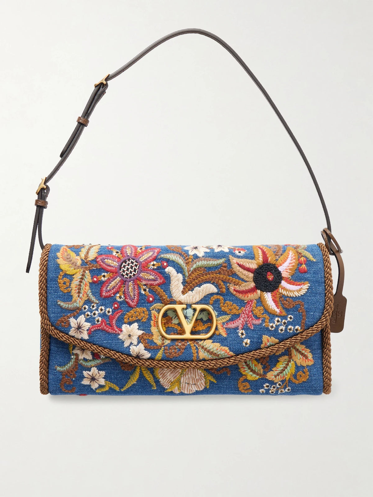 Devain Small Leather-trimmed Embroidered Denim Shoulder Bag