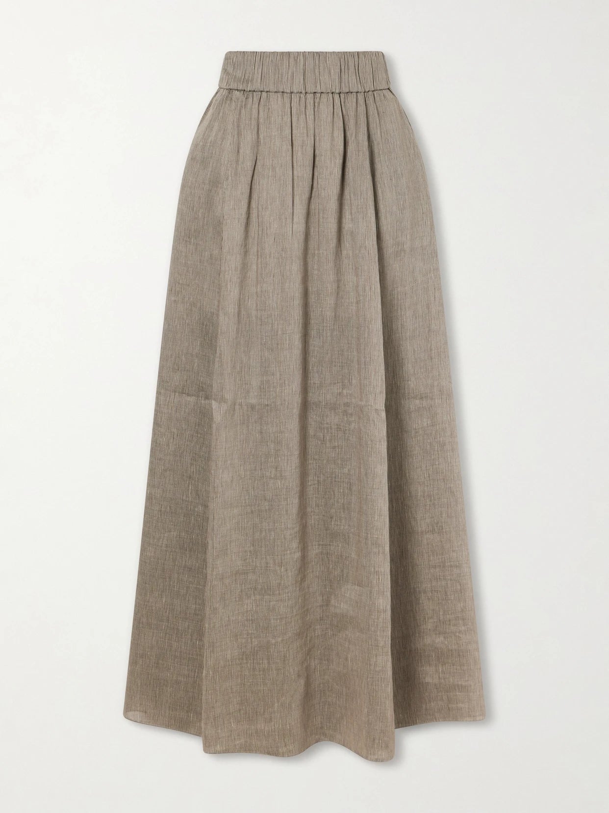 Image of a model wearing Skirts. Product name - Aria Striped Linen And Silk-blend Maxi Skirt in Gray colour by brand - Cortana