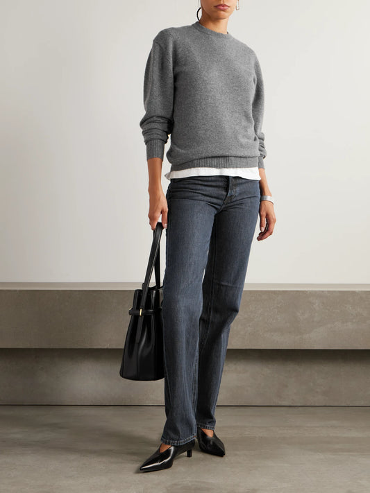 Image of a model wearing Outerwear. Product name - Cashmere Sweater in Gray colour by brand - TOTEME