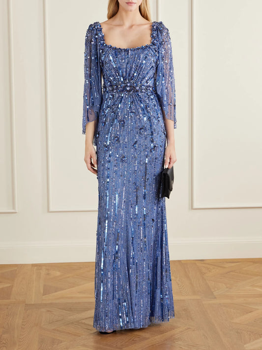 Image of Dresses. Product name - Sequin-embellished Tulle Gown in Blue colour by brand - Jenny Packham