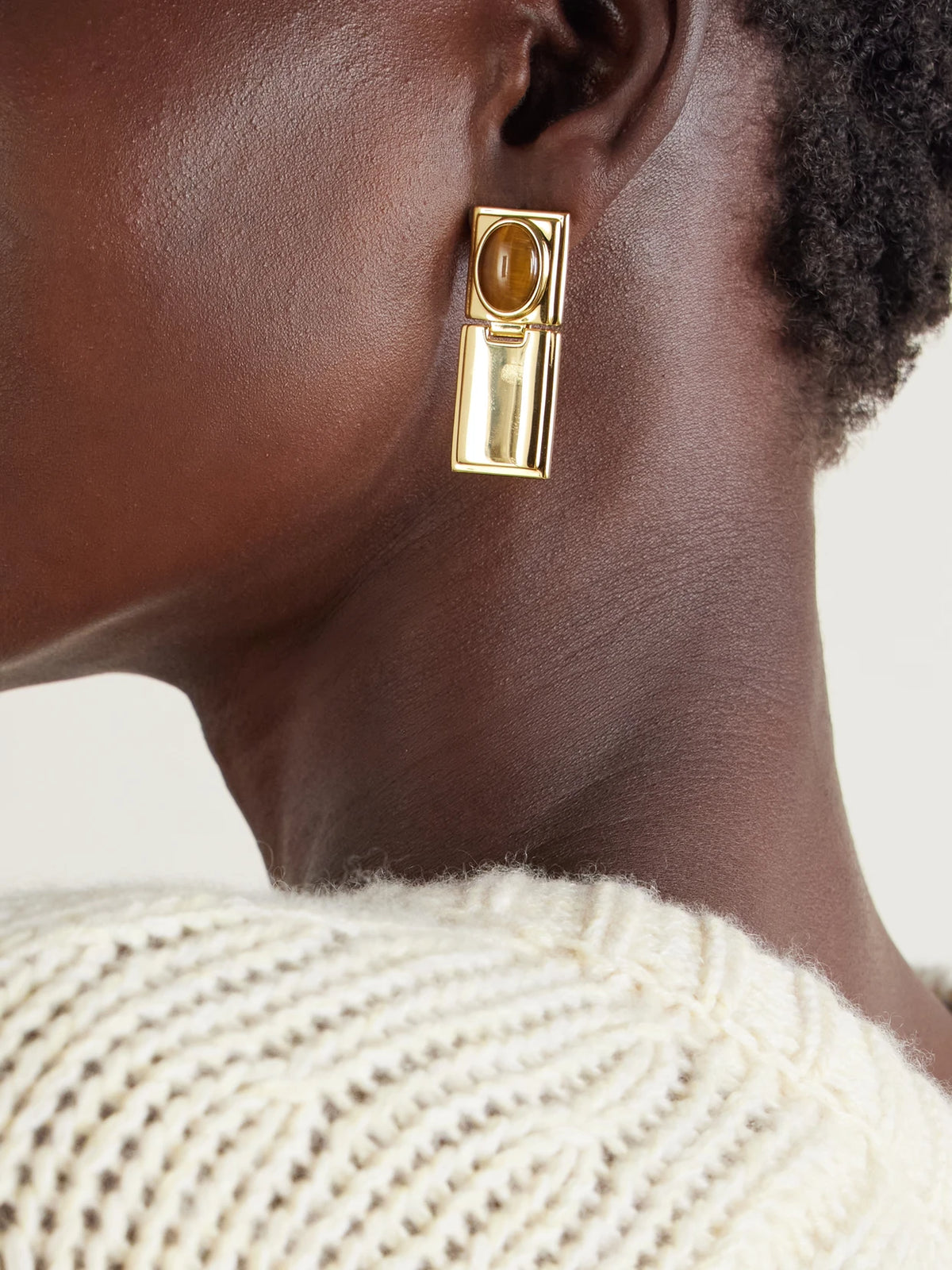 Image of Earrings. Product name - Signet Stone Hinge Gold-plated Tiger's Eye Earrings in Multi colour by brand - Déhanche