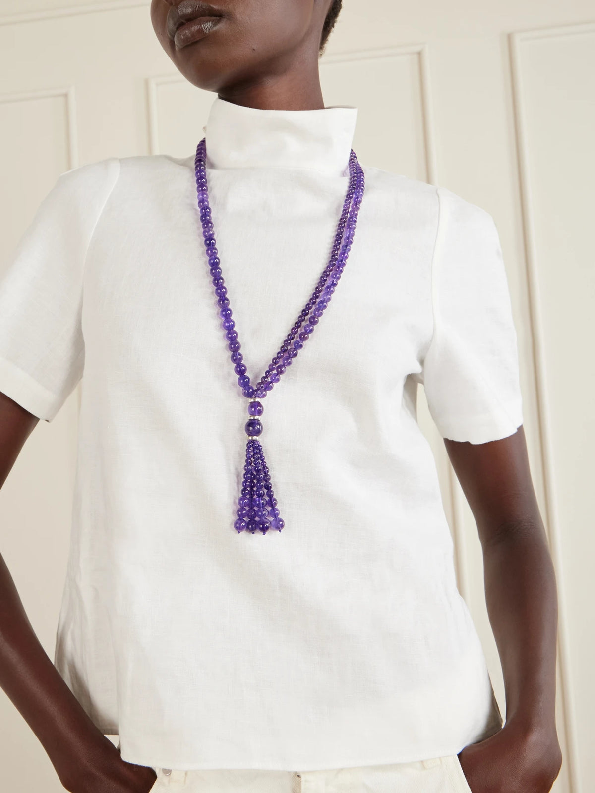 Image of Necklaces. Product name - Venice Opera Tasseled Sterling Silver Amerthyst Necklace in Purple colour by brand - Le Sundial