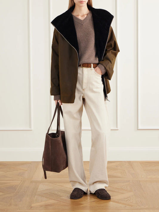 Image of a model wearing Outerwear. Product name - Rib-trimmed Cashmere Sweater in Light brown colour by brand - James Perse