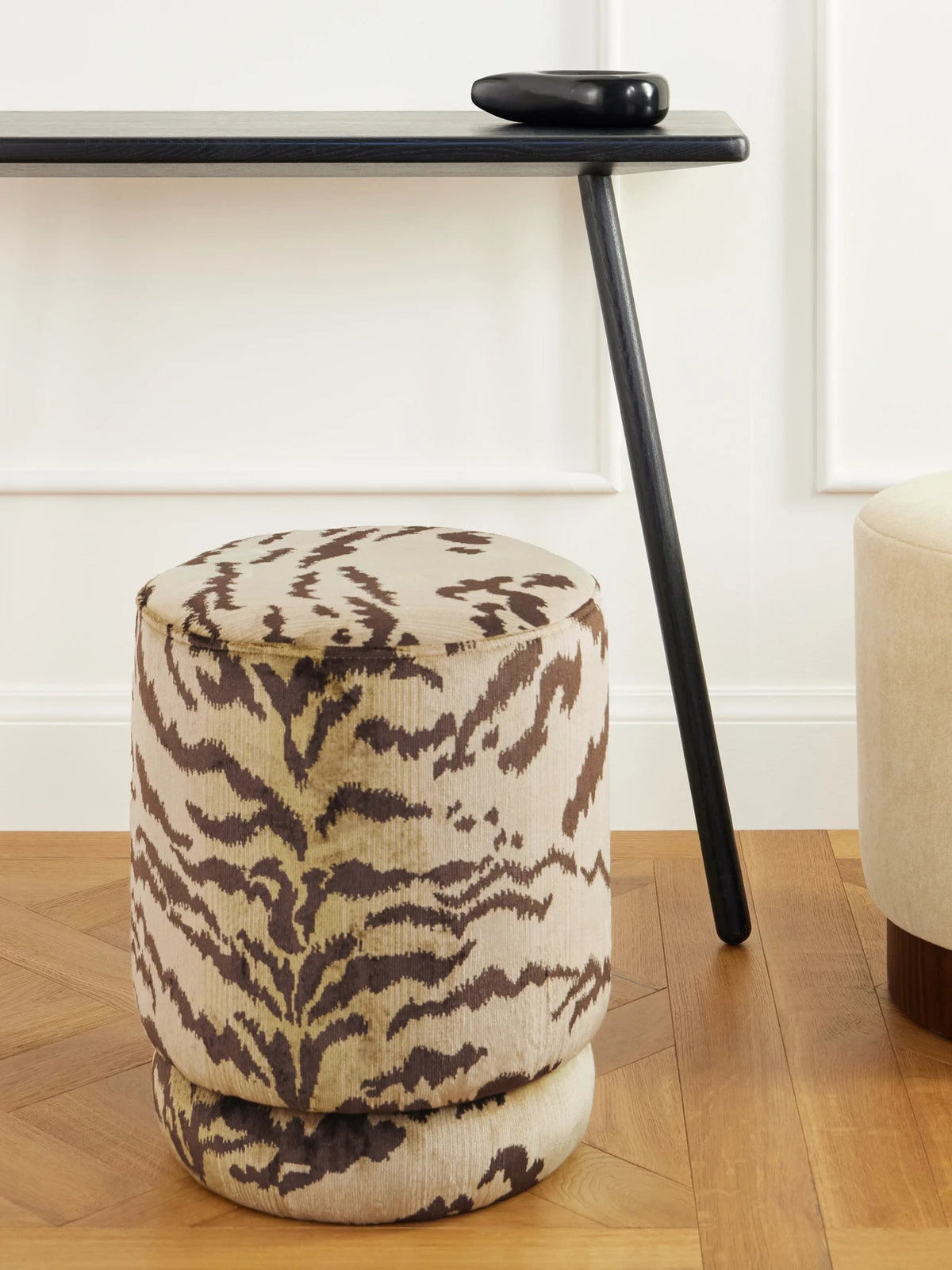 Image of Decor. Product name - Tiger Velvet-jacquard Pouf in Ivory colour by brand - SIX THE RESIDENCE