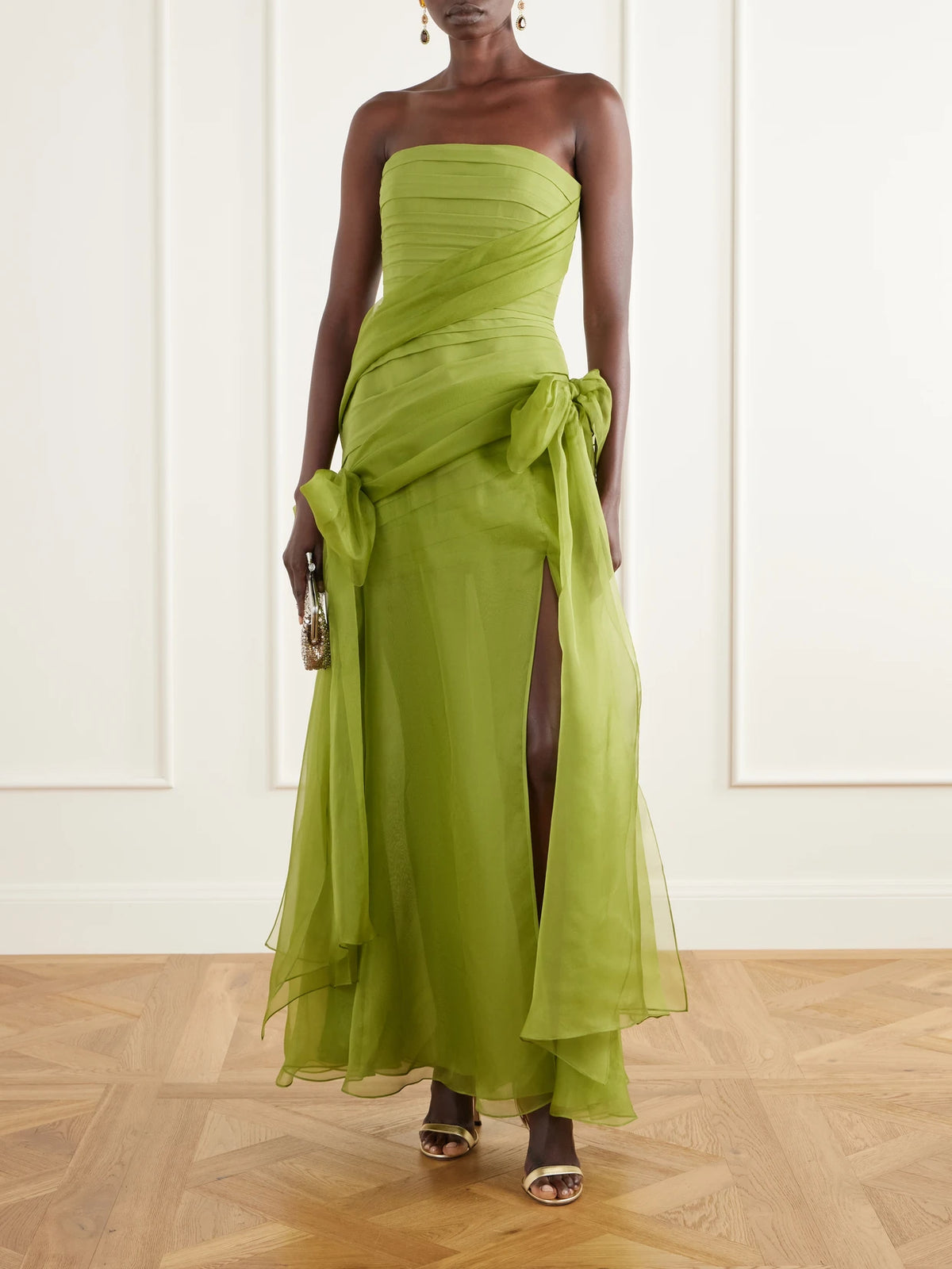 Image of Dresses. Product name - Bow-detailed Pleated Silk-crepe And Organza Gown in Green colour by brand - Elie Saab