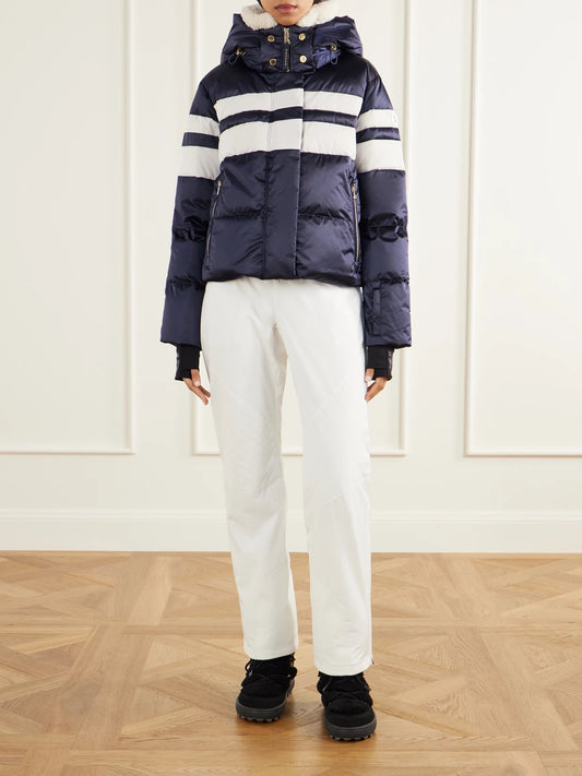 Image of Coats & Jackets. Product name - Silla-d Striped Quilted Plush-trimmed Shell Down Ski Jacket in Navy colour by brand - BOGNER