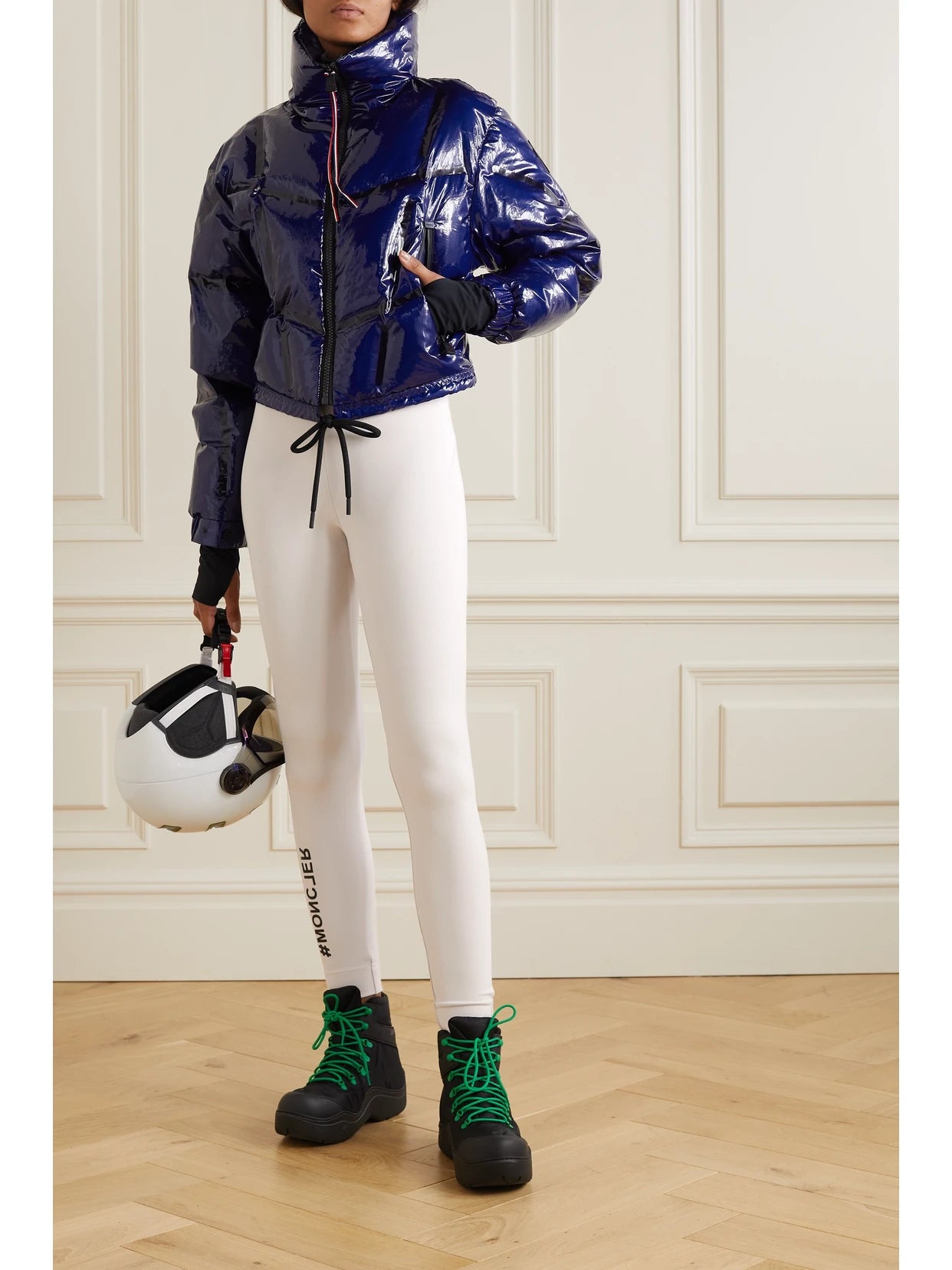 Image of a model wearing Pants. Product name - Printed Stretch-jersey Leggings in White colour by brand - Moncler Grenoble