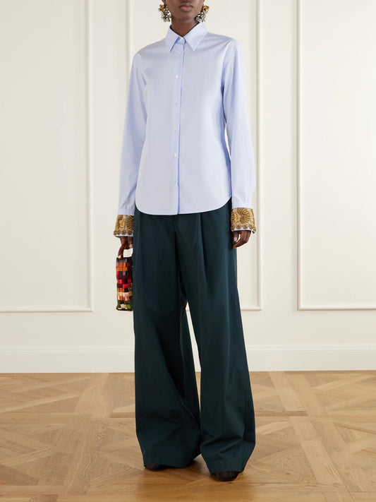 Image of a model wearing Pants. Product name - Cotton-poplin Wide-leg Pants in Green colour by brand - Dries Van Noten