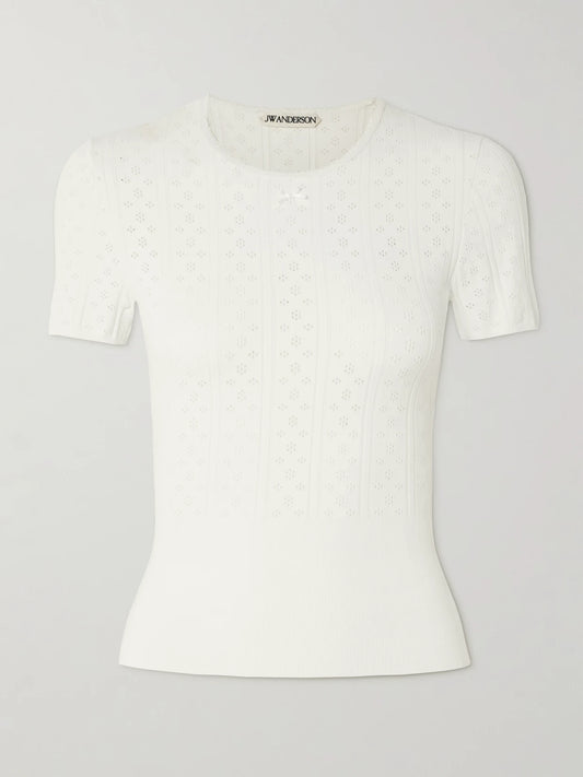 Image of a model wearing Tops. Product name - Bow-detailed Recycled Pointelle-knit T-shirt in Off-white colour by brand - JW Anderson