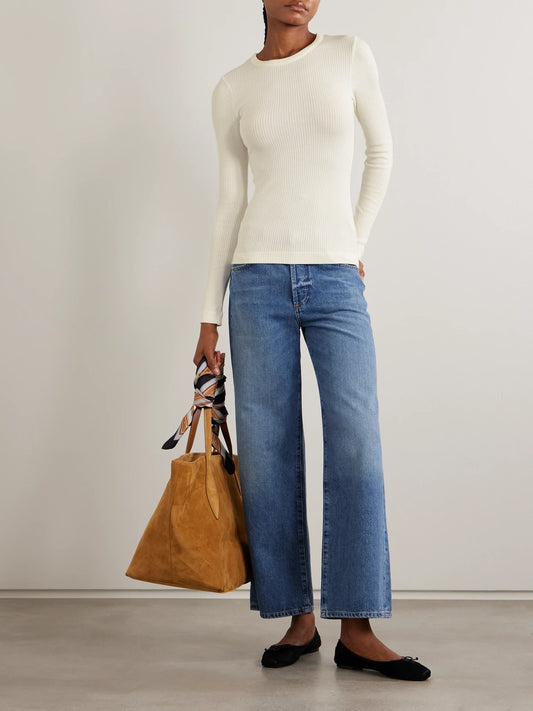 Image of a model wearing Tops. Product name - Bina Ribbed Stretch-lyocell And Organic Cotton-blend Top in Cream colour by brand - Citizens of Humanity