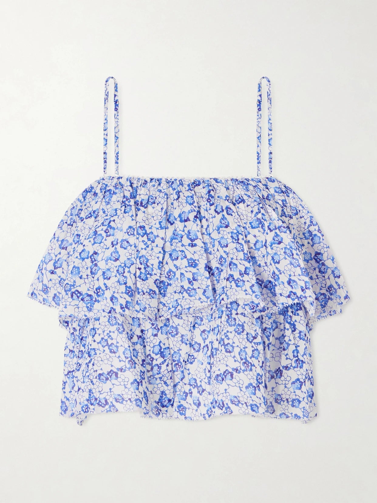 Image of a model wearing Tops. Product name - Erisa Ruffled Floral-print Organic Cotton Cami in Blue colour by brand - MARANT ÉTOILE