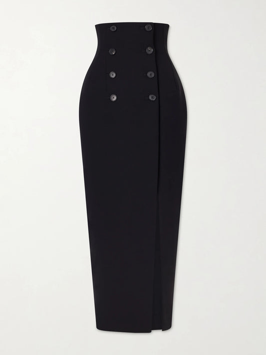 Image of a model wearing Skirts. Product name - Luiza Crepe Midi Skirt in Black colour by brand - KHAITE