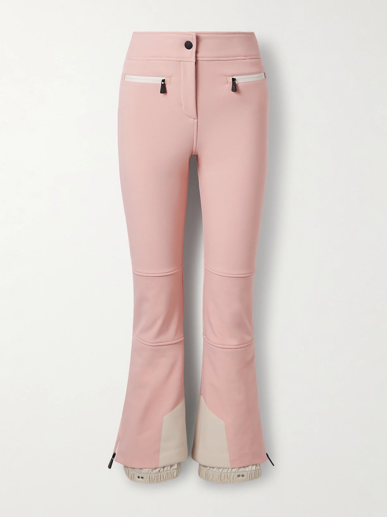 Image of a model wearing Pants. Product name - Paneled Bootcut Ski Pants in Baby pink colour by brand - Moncler Grenoble