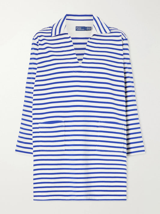 Image of Dresses. Product name - Striped Cotton-jersey Mini Dress in Blue colour by brand - Polo Ralph Lauren