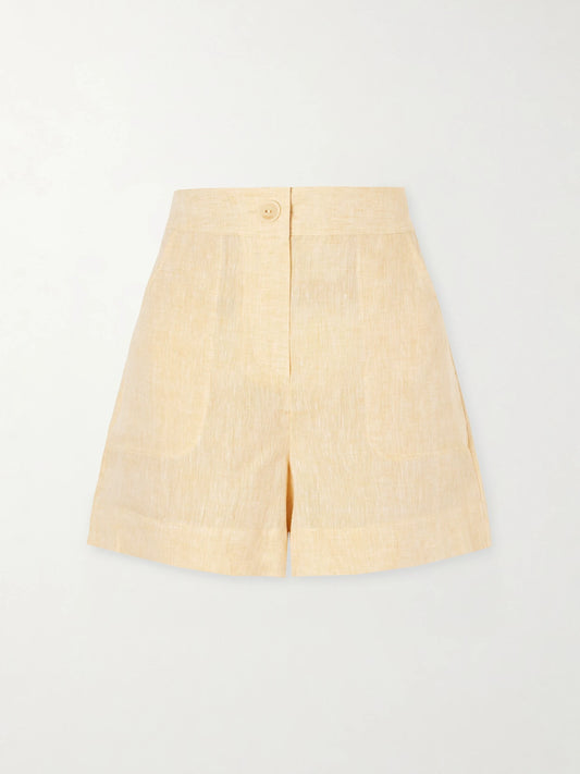 Image of a model wearing Shorts. Product name - Enjouée Linen Shorts in Yellow colour by brand - Eres
