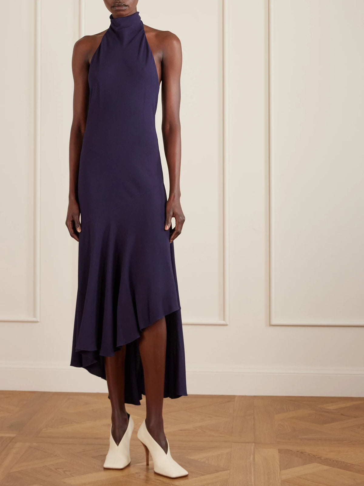 Image of Dresses. Product name - Open-back Asymmetric Ribbed Jersey Maxi Dress in Dark purple colour by brand - Alaïa