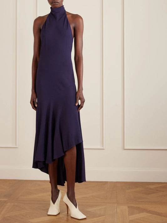 Image of Dresses. Product name - Open-back Asymmetric Ribbed Jersey Maxi Dress in Dark purple colour by brand - Alaïa