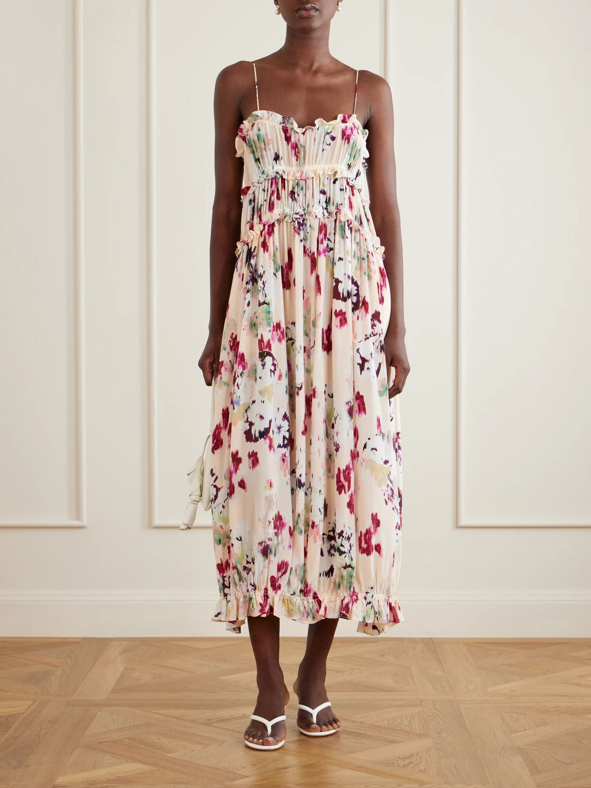 Image of Dresses. Product name - Clove Floral-print Ruched Silk Maxi Dress in Pink colour by brand - Ulla Johnson