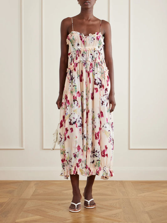 Image of Dresses. Product name - Clove Floral-print Ruched Silk Maxi Dress in Pink colour by brand - Ulla Johnson