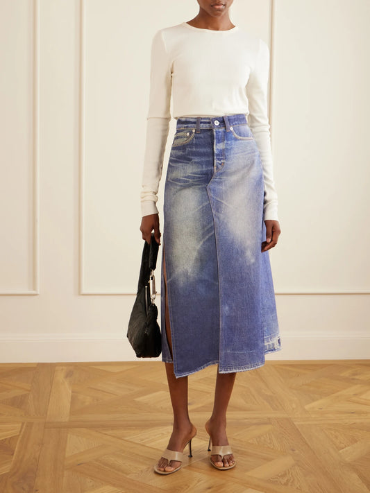 Image of Jeans. Product name - Craft Denim Midi Skirt in Mid denim colour by brand - Our Legacy
