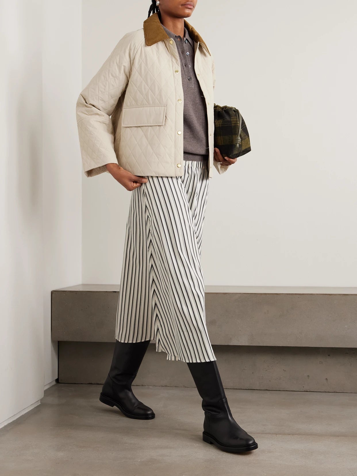 Image of Coats & Jackets. Product name - Kirby Cotton Corduroy-trimmed Quilted Shell Jacket in Off-white colour by brand - Barbour