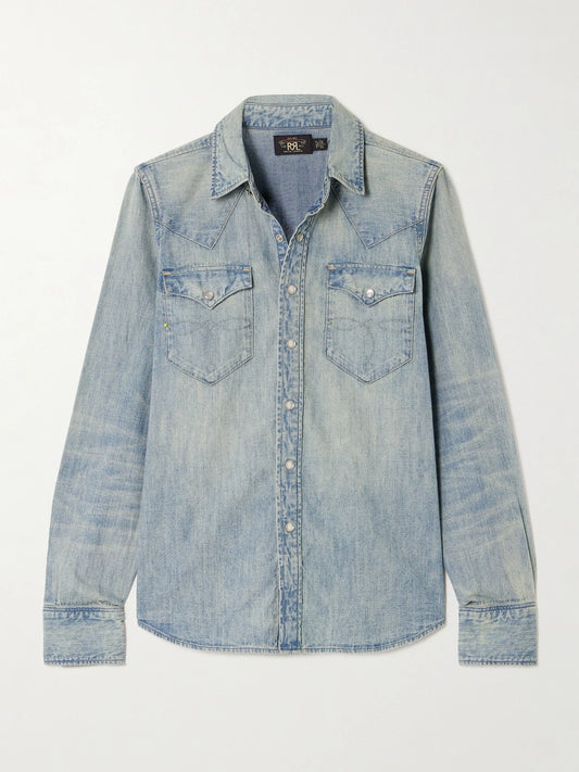 Image of a model wearing Tops. Product name - Buffalo Denim Shirt in Light denim colour by brand - RRL