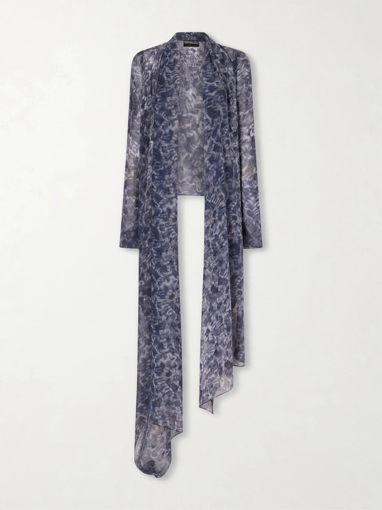 Image of a model wearing Tops. Product name - Meena Printed Silk-chiffon Blouse in Navy colour by brand - Cortana